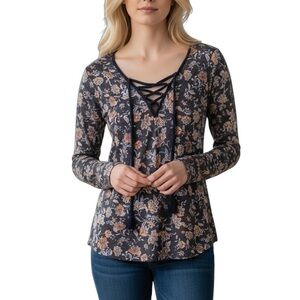 Xhilaration Knit Top Sizes XS SMALL Lace Up Long Sleeve Boho Floral Blue Print